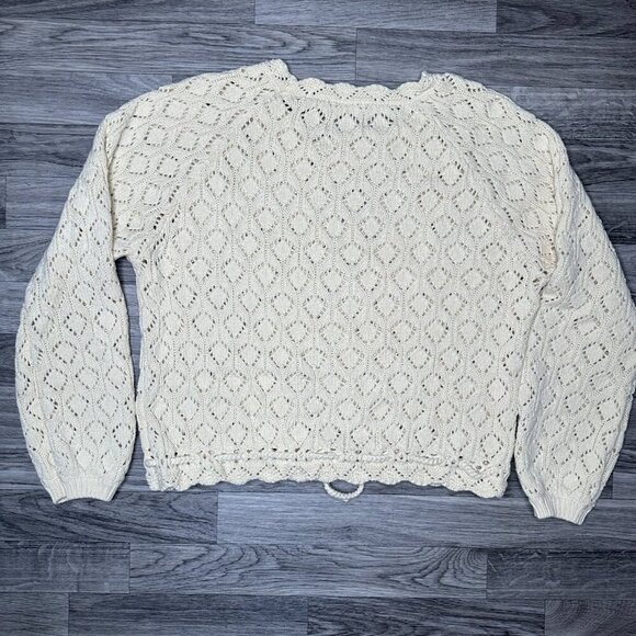 Marine Layer Women's Cream Manzanita Crochet Fringe Sweater Size XL Tie Waist - Picture 2 of 5